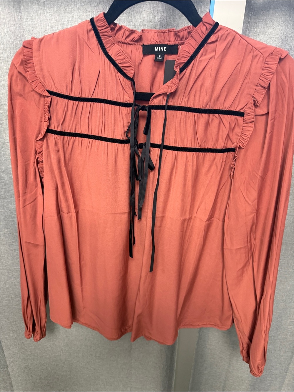 MINE Rust-Pink Ruffle Tie-Neck Blouse with Black Trim